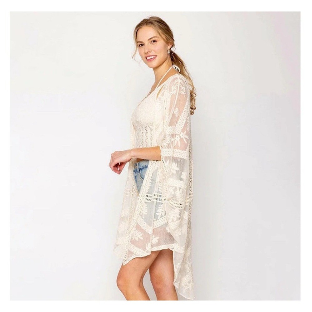 Angel Heart Boutique Size F Floral Duster Boho Lace Hem Layered Open Front
